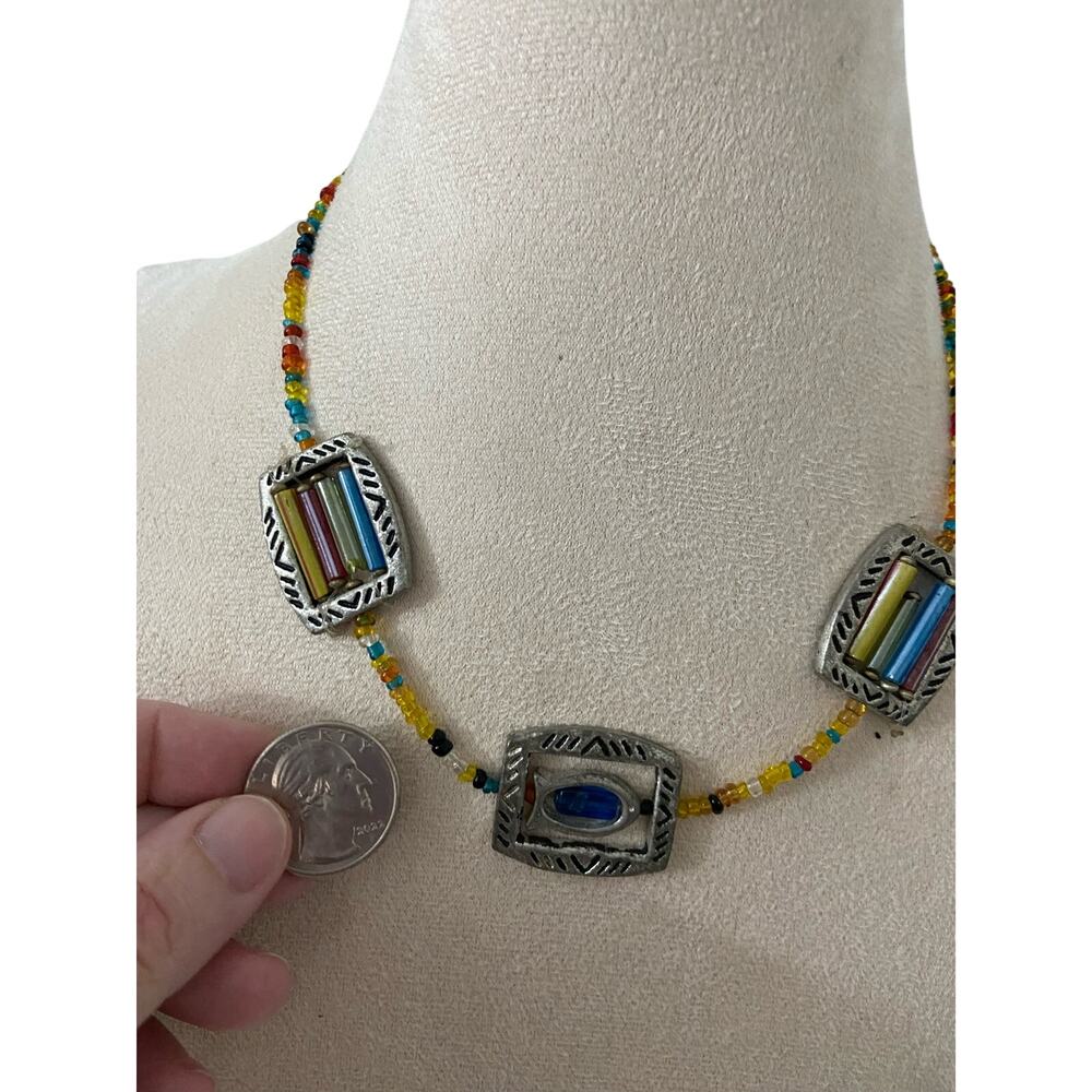 colorful beaded necklace etched metal